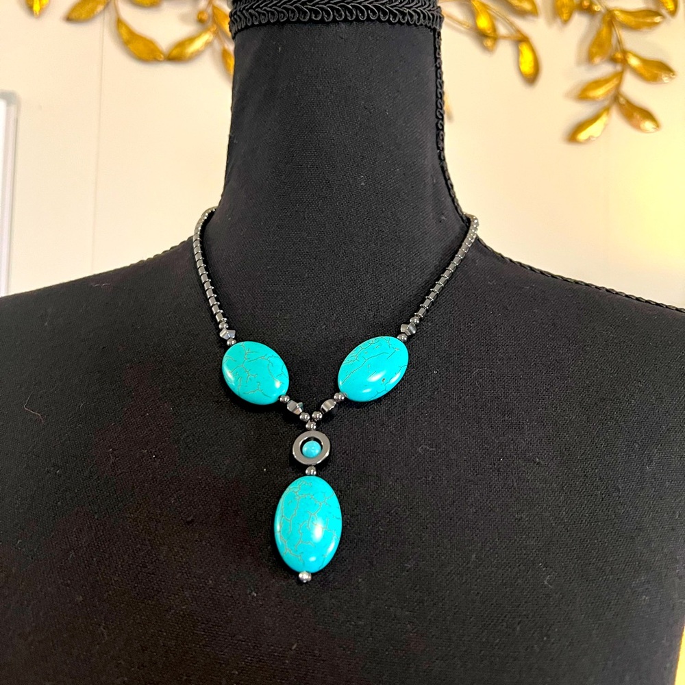 Turquoise and Hematite Necklace with silver barrel clasp